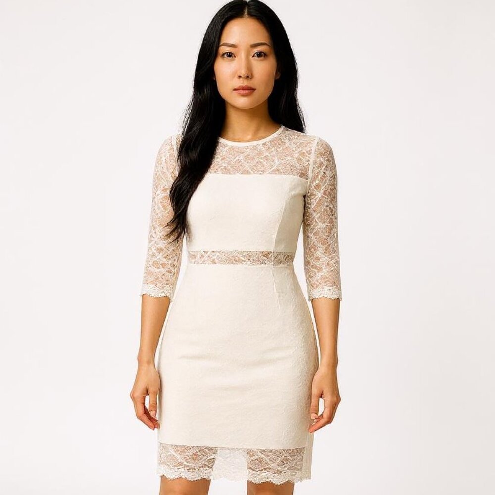 Fashion Nova Dress Womens Small Cream Lace Mesh Overlay Long Sleeve Bridal Prom